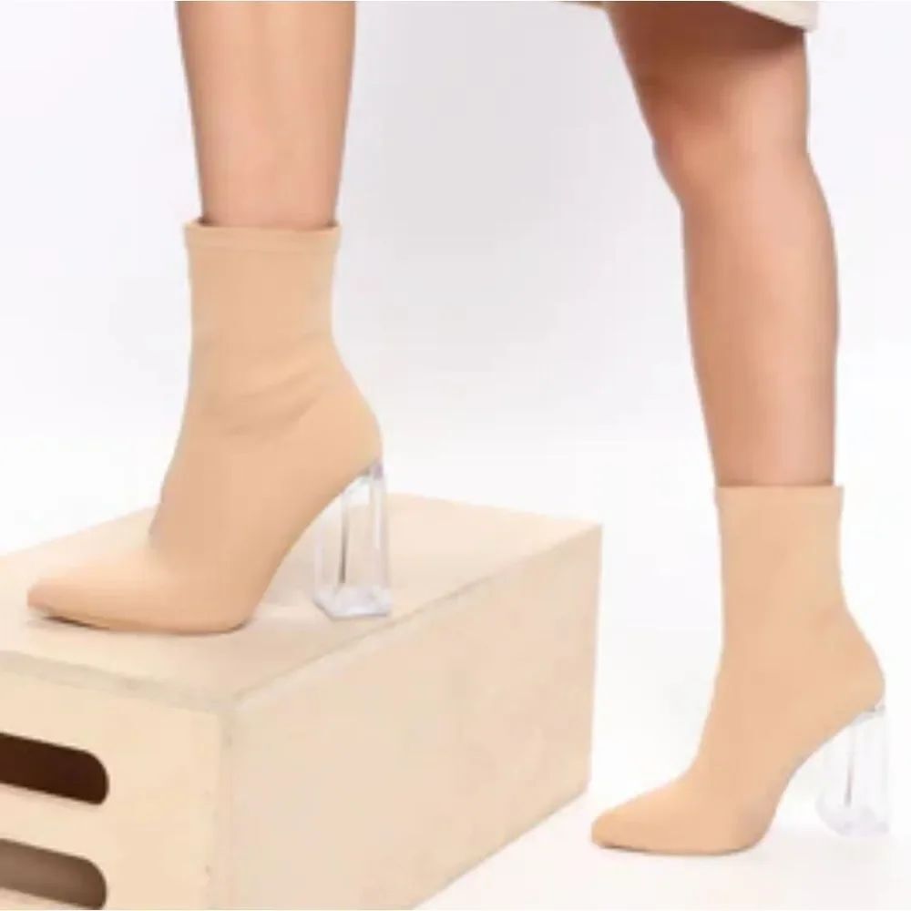 BAMBOO NIGHTFALL STRETCH LYRA LUCITE  SOCK BOOTS WITH CLEAR HEELS G1